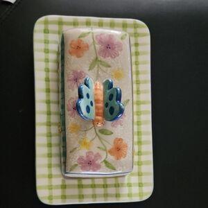 Floral Ceramic Butter Dish with Butterfly